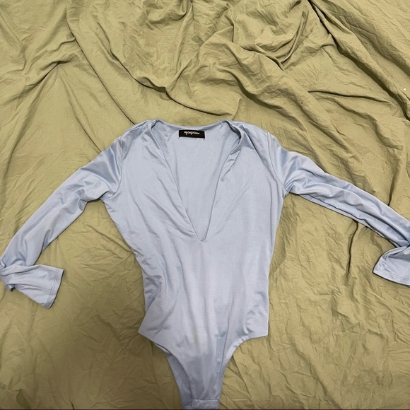 Blue deep V neck body suit, buttery material, size Medium - Picture 3 of 4